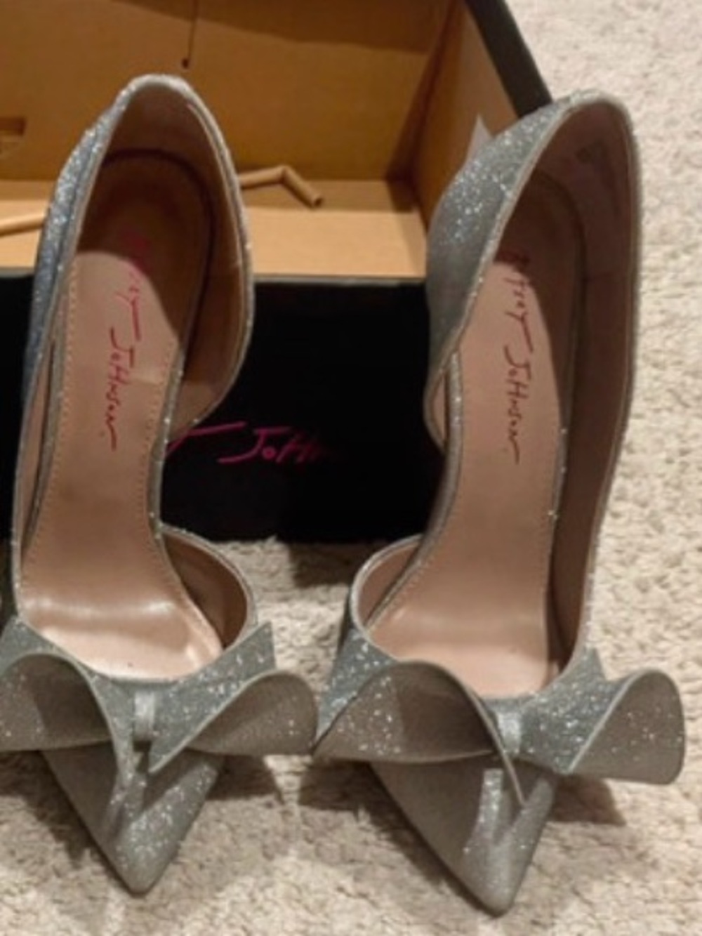 Betsey Johnson Silver Glitter Pointed-Toe Pumps with Bow Accent